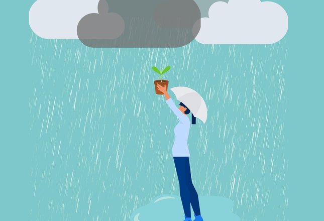 Eine Grafik von einer Person mit blauer Hose und Pulli, die einen Regenschirm über ihren Kopf hält mit der anderen Hand hält sie einen Blumentopf mit einer grünen Pflanze nach oben. Über ihr sind Wolken die regnen.